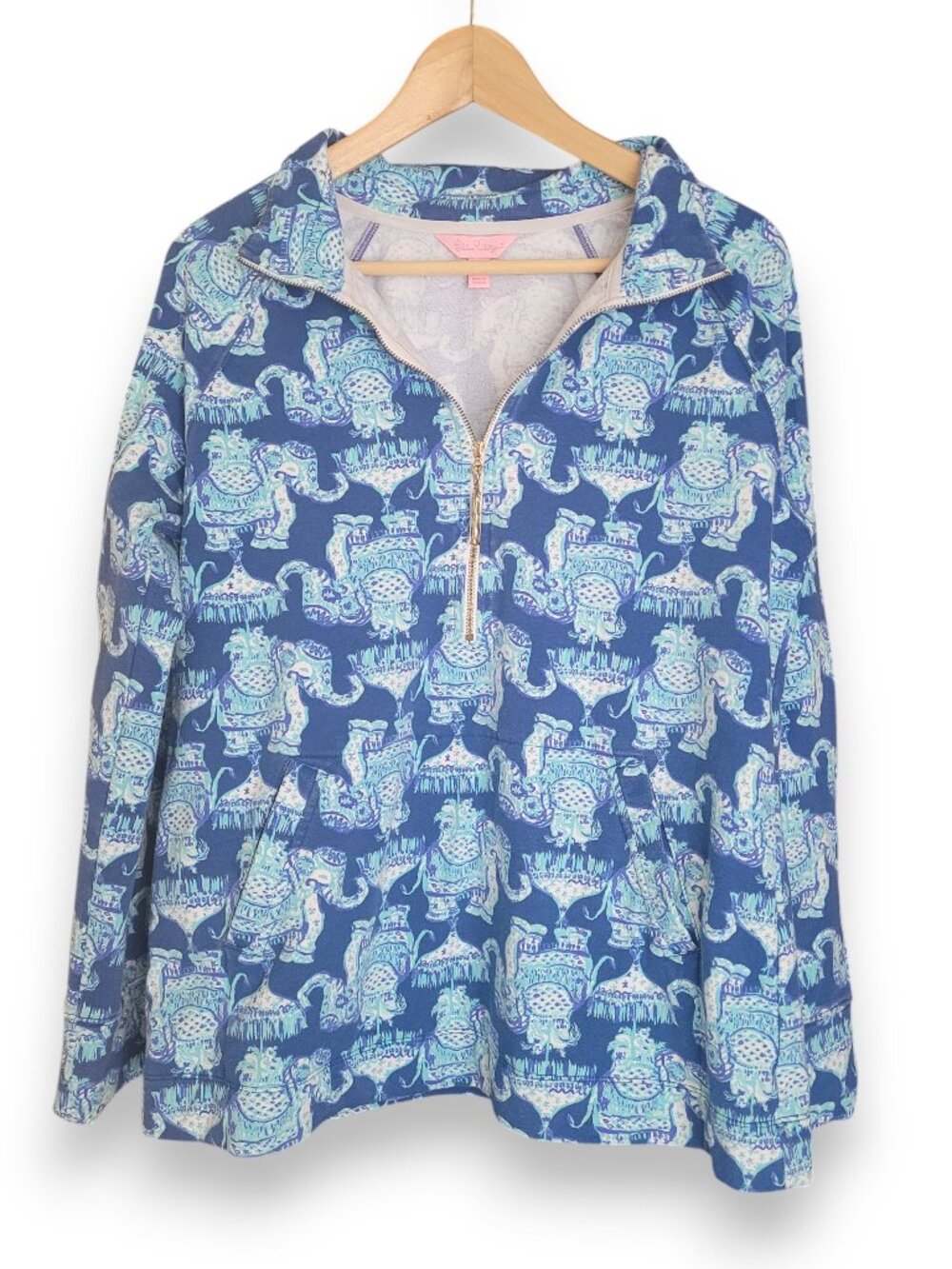 Lilly Pulitzer Skipper Popover L Joy Ride Elephant Print UPF 50 Gold Zip